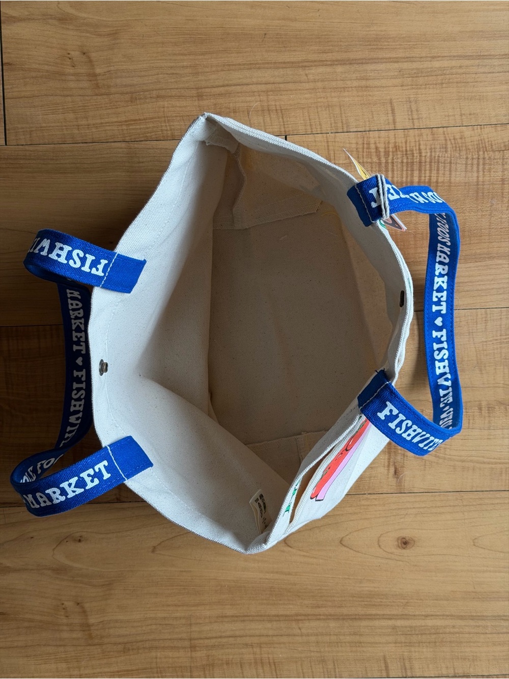 Whole Foods Market Fishwife Canvas Tote Bag in Natural with Blue Handles - Picture 5 of 11